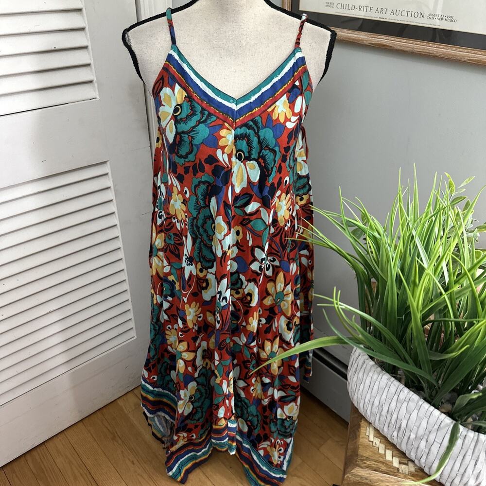 California Moon Rise Dress Medium Red Floral Strappy Asymmetric Shift Beach Chic